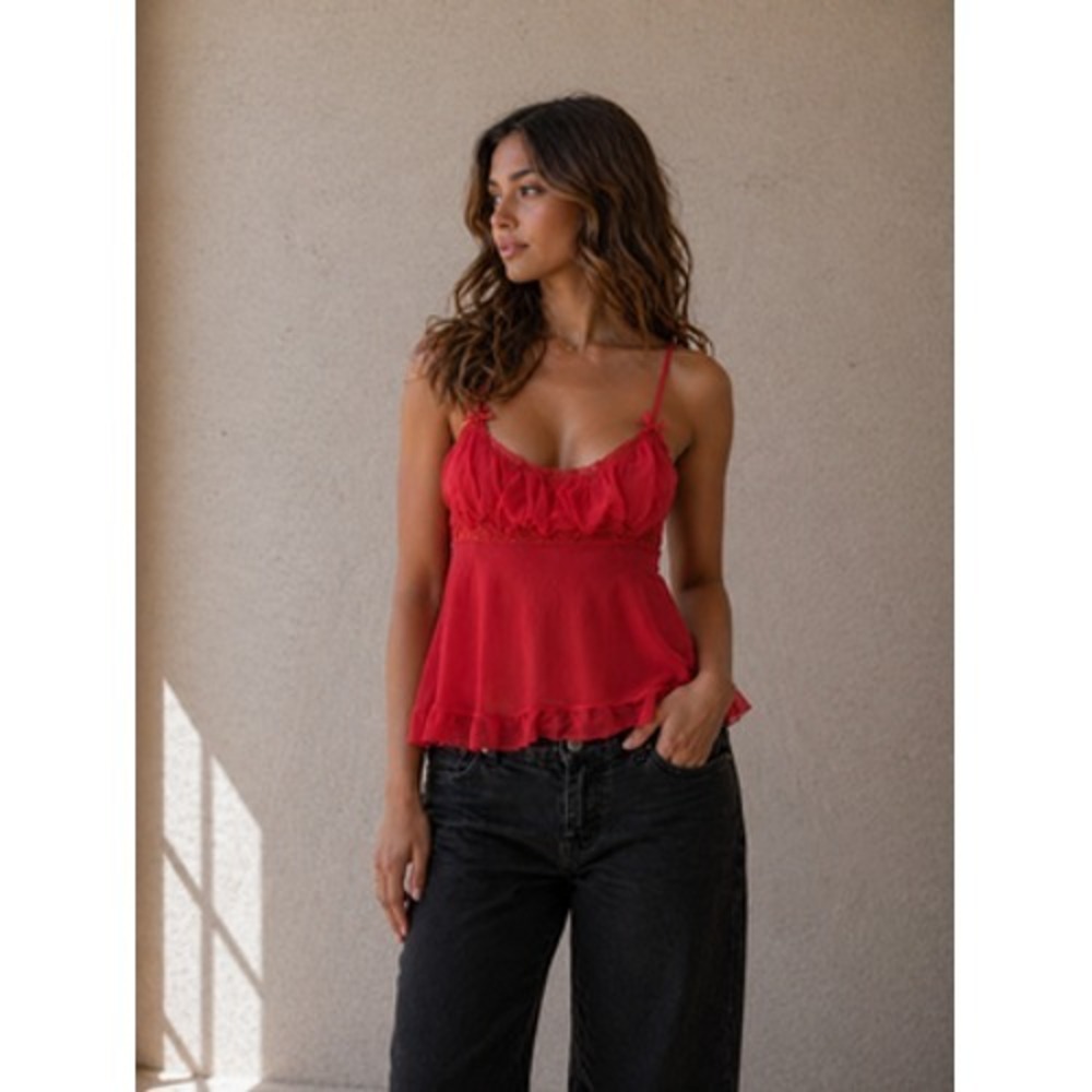Y2K Babydoll Tank Womens Small Red‎ Sheer Mesh Ruffle Lace Lingerie Coquette